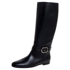 Gucci Black Leather Sachalin Interlocking Double G Riding Boots Size 40