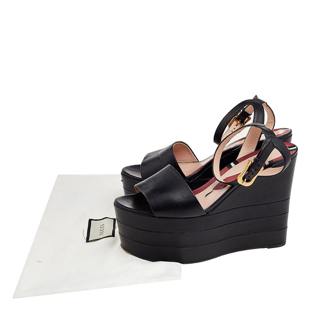 Gucci Black Leather Sally Wedge Platform Ankle Strap Sandals Size 38