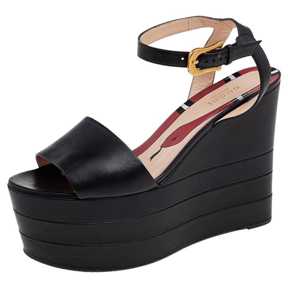 Gucci Black Leather Sally Wedge Platform Ankle Strap Sandals Size 38