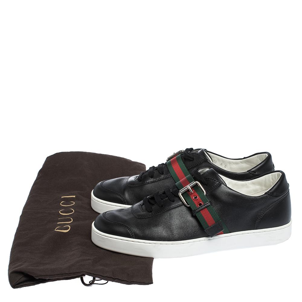 Gucci Black Leather Saville Web Detail Buckle Sneakers Size 42 2