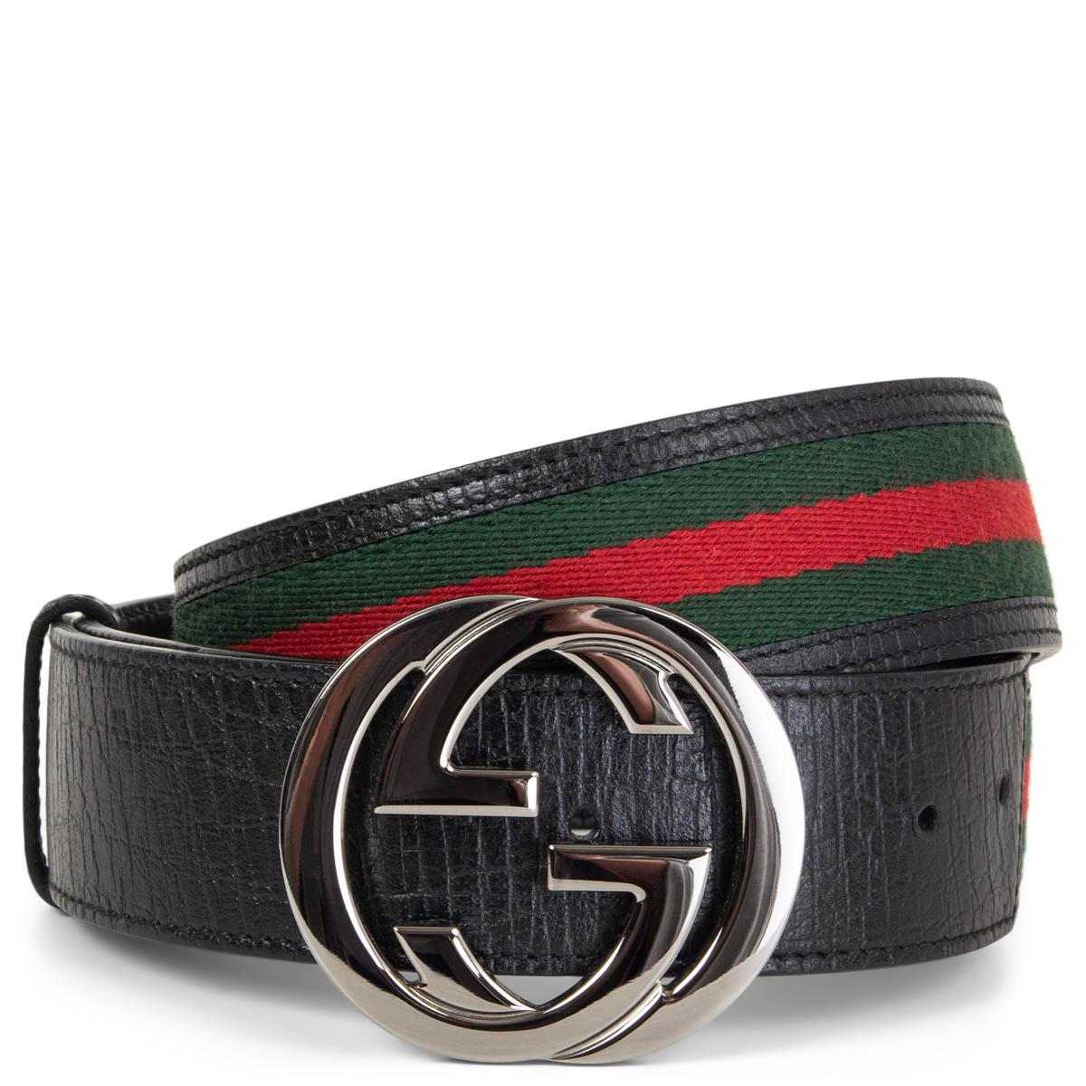 100% authentic Gucci signture web belt in green and red canvas with black leather trim and gunmetal interlocking g buckle. Has been worn and is in excellent condition. Comes with dust bag.

Measurements
Tag Size	80/32
Width	4cm (1.6in)
Fits	76cm