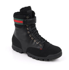 GUCCI Black Leather Signature Webbing Shearling Lined Combat Boots
