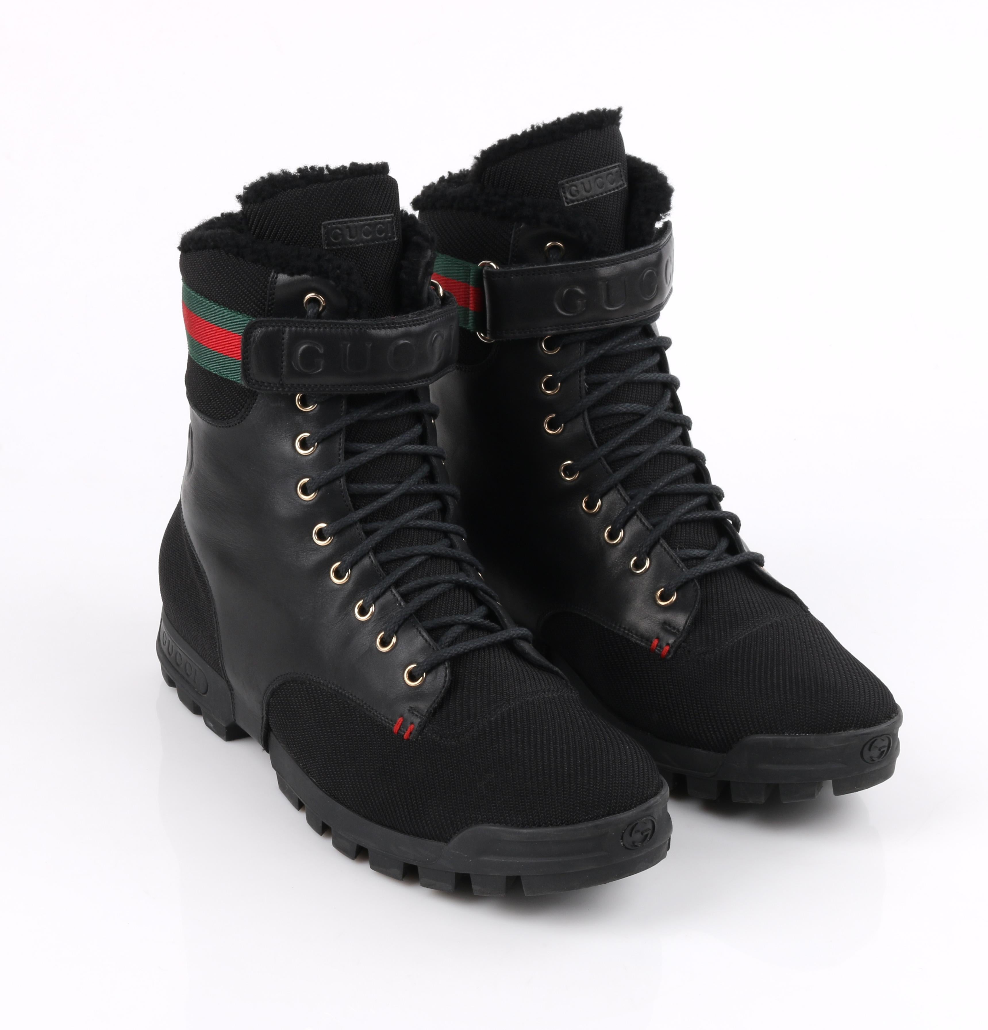 GUCCI Black Leather Signature Webbing Shearling Lined Combat Boots In Good Condition In Thiensville, WI