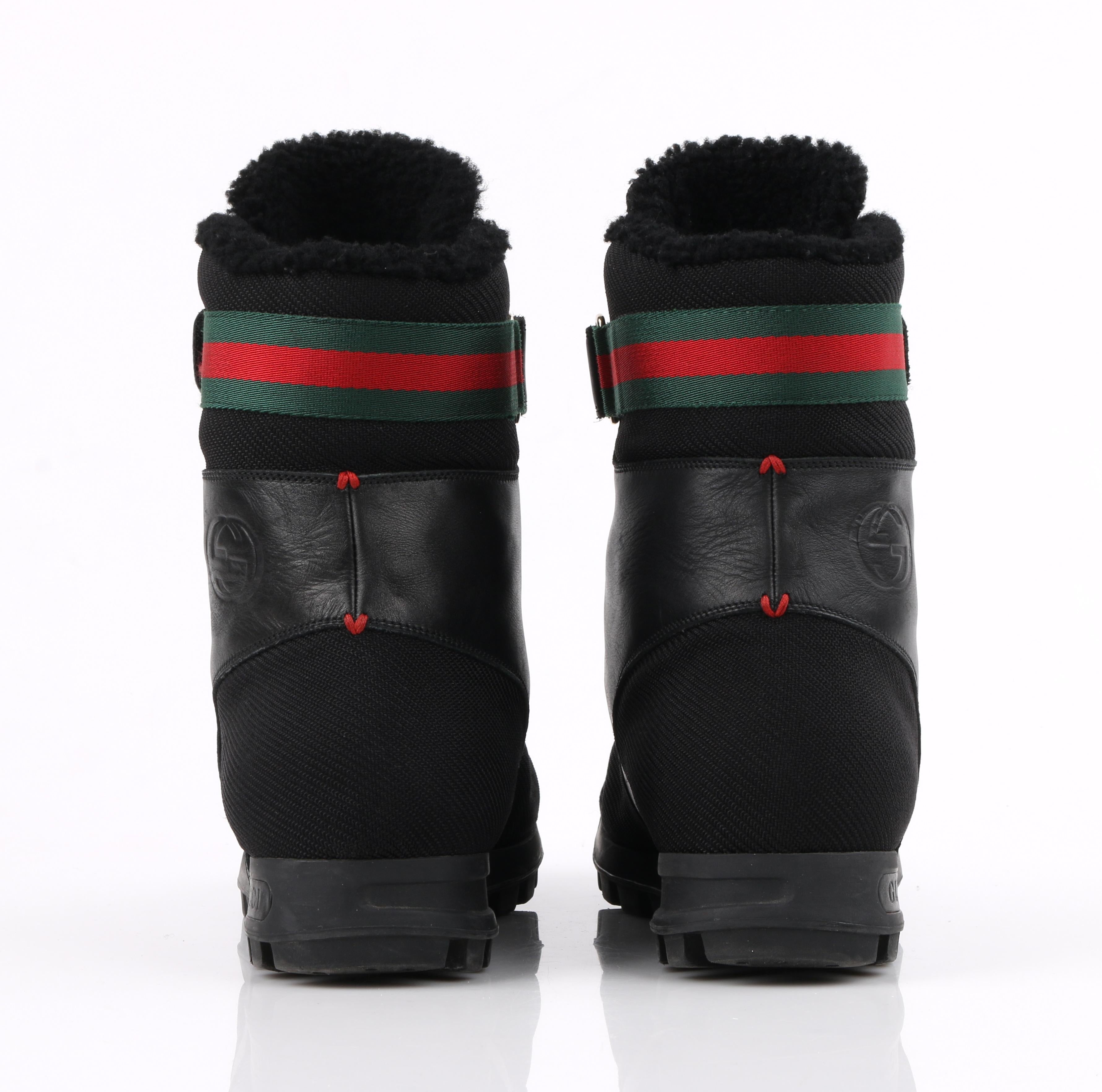 GUCCI Black Leather Signature Webbing Shearling Lined Combat Boots 1