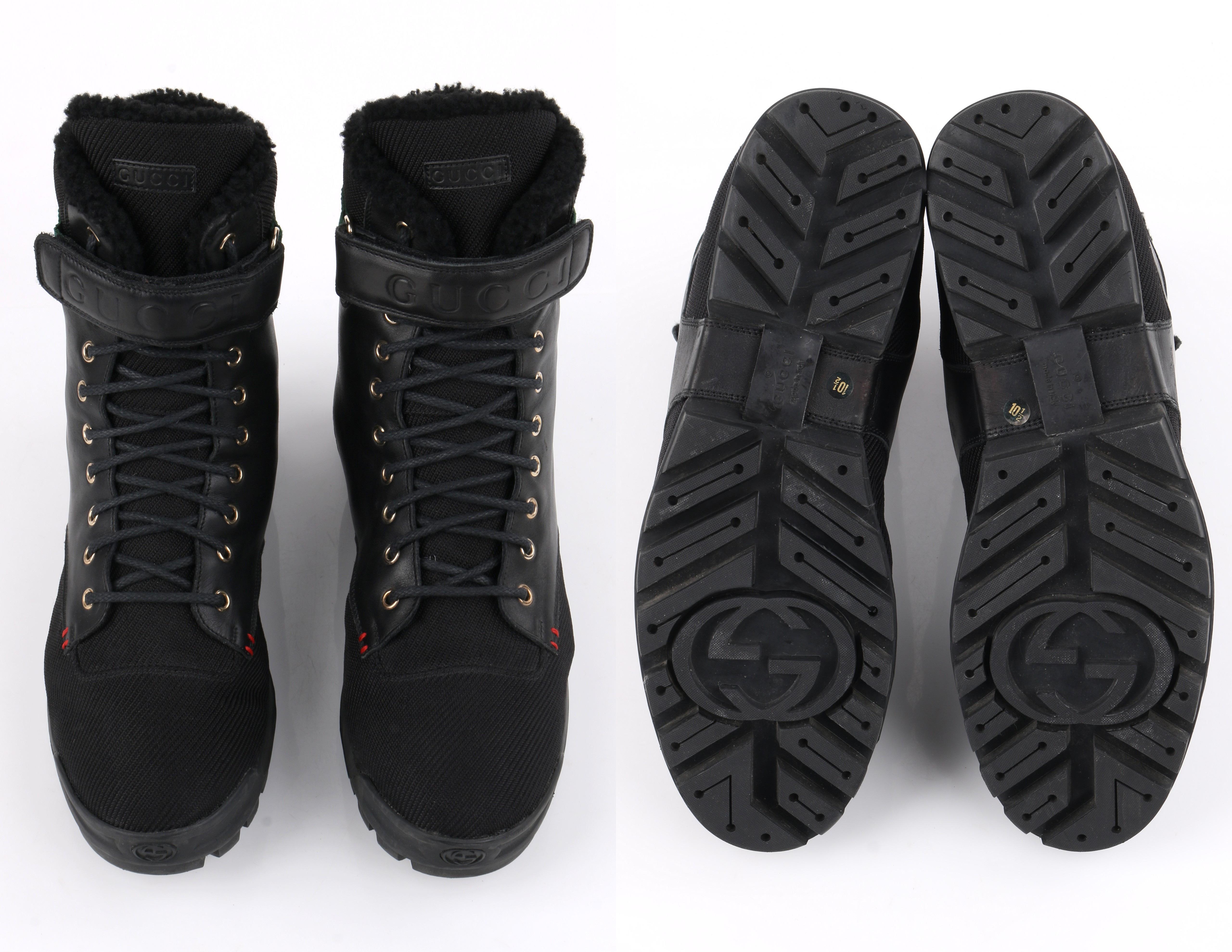 GUCCI Black Leather Signature Webbing Shearling Lined Combat Boots 2