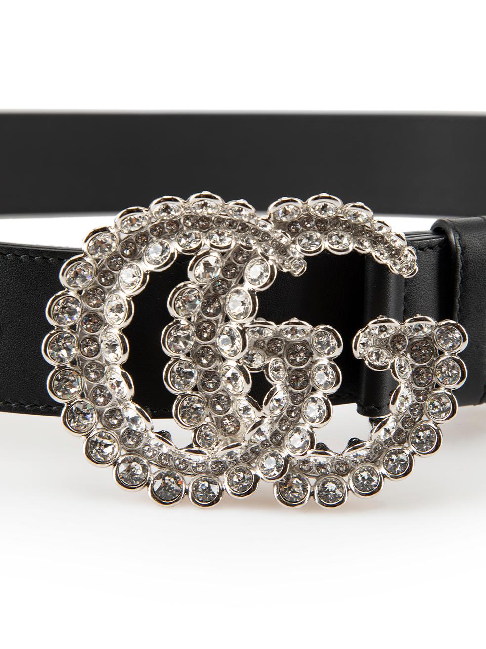 Gucci Black Leather Silver Crystal GG Buckle Belt In Good Condition In London, GB