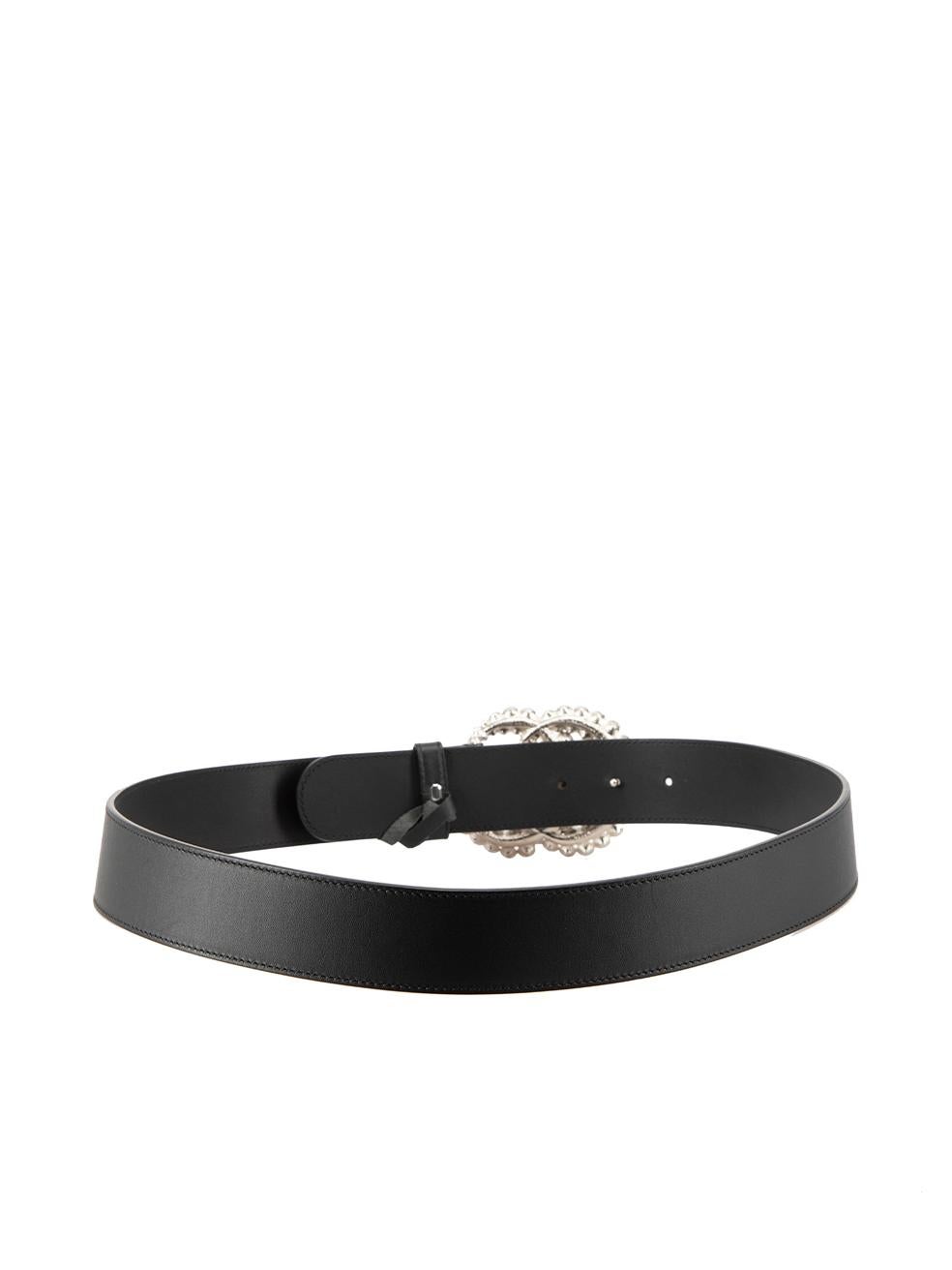 Women's Gucci Black Leather Silver Crystal GG Buckle Belt