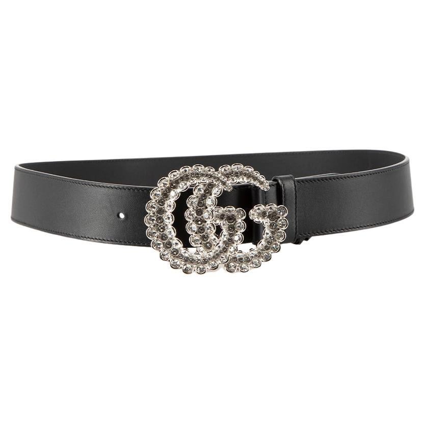 Gucci Black Leather Silver Crystal GG Buckle Belt