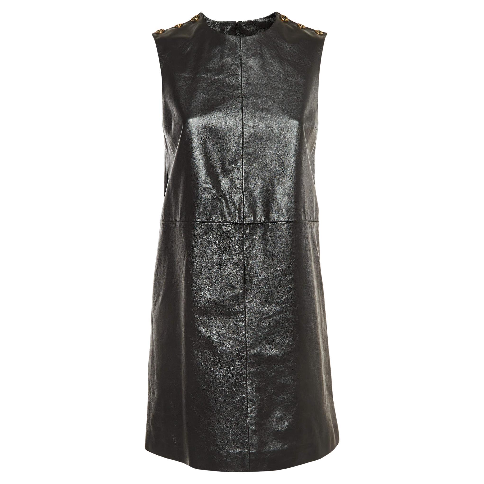 Gucci Black Leather Sleeveless Mini Dress S For Sale
