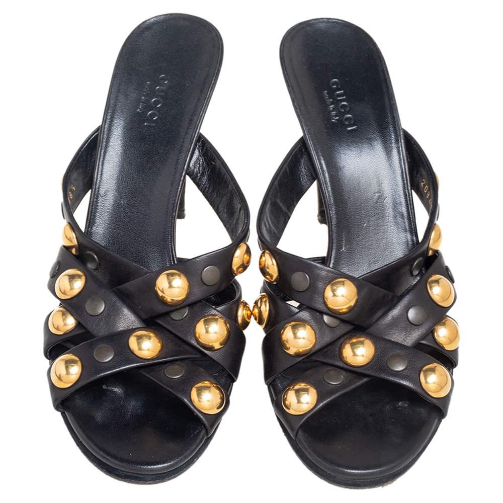 Gucci Black  Leather Slide  Babouska Sandals Size 38.5 In Good Condition In Dubai, Al Qouz 2