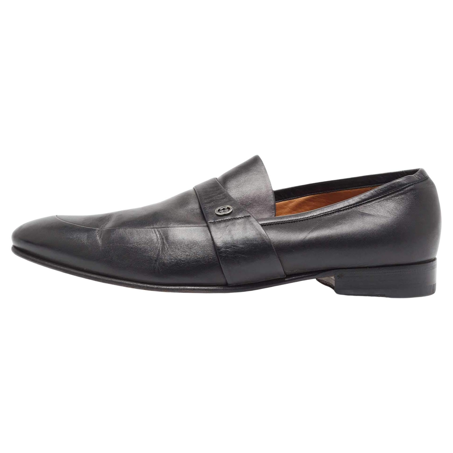 Gucci Black Leather Slip On Loafers Size 44 For Sale