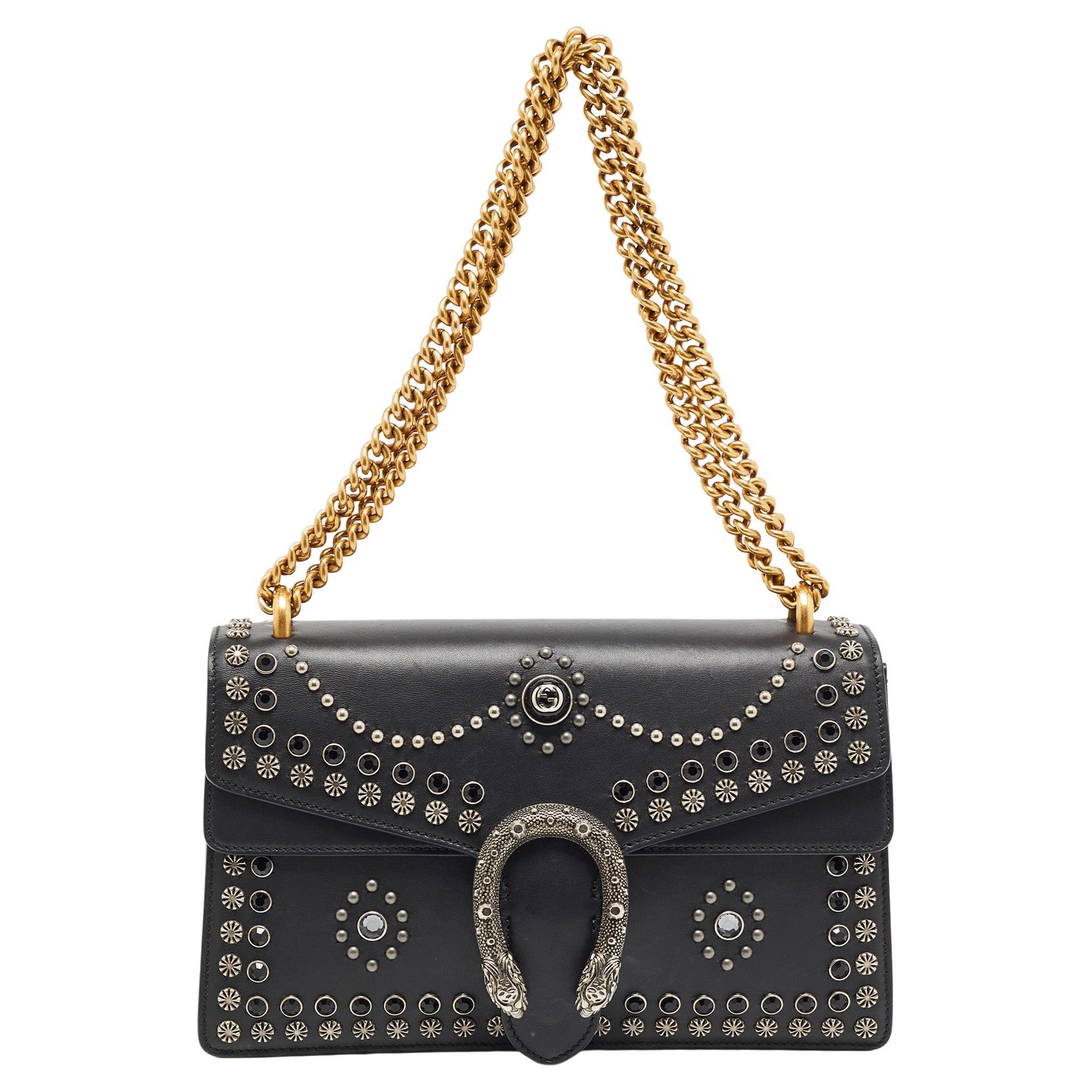 Gucci Black Leather Small Embellished Dionysus Shoulder Bag