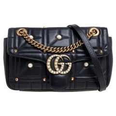 Gucci Black Leather Small GG Marmont Pearly Shoulder Bag