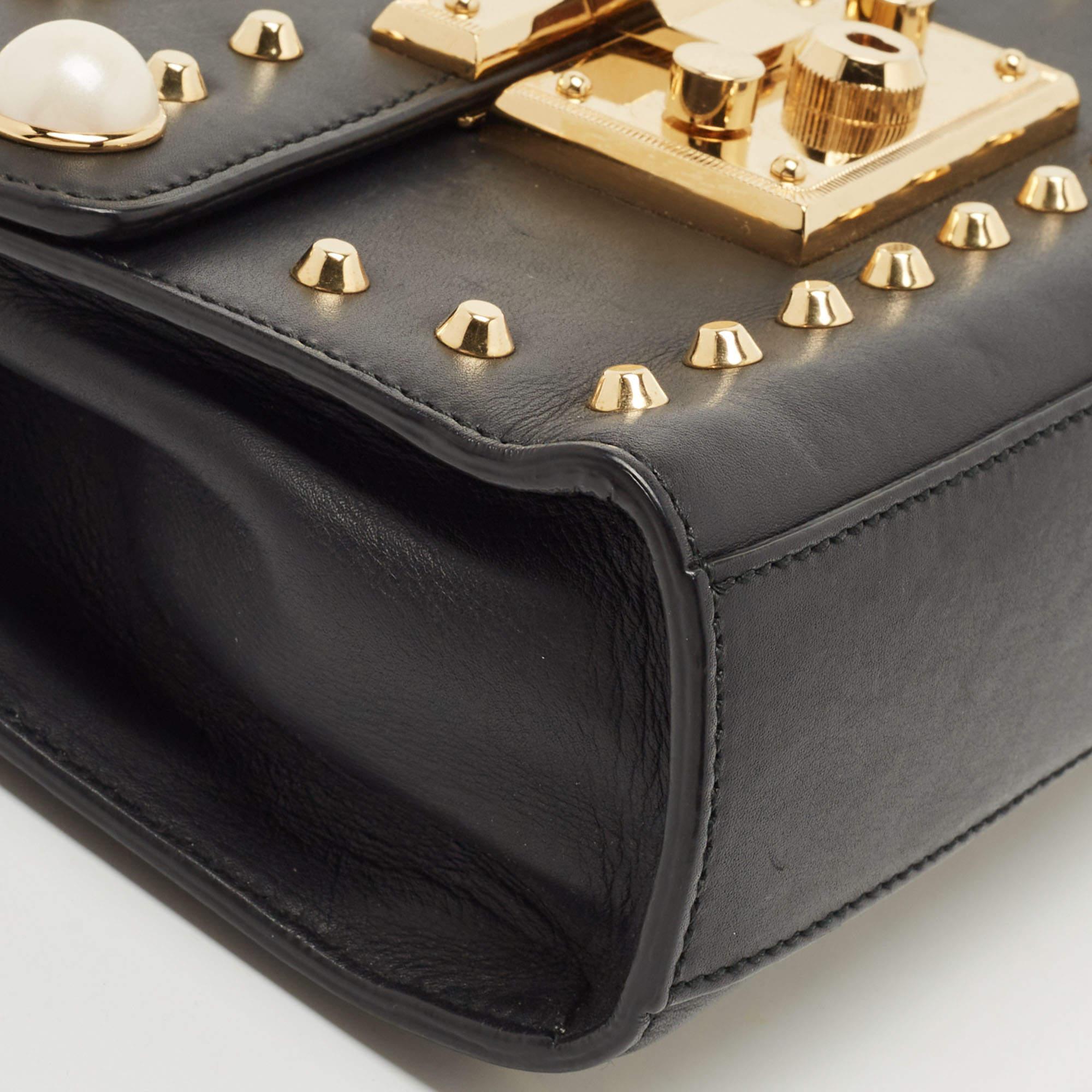 Gucci Black Leather Small Pearl Studded Padlock Shoulder Bag 9