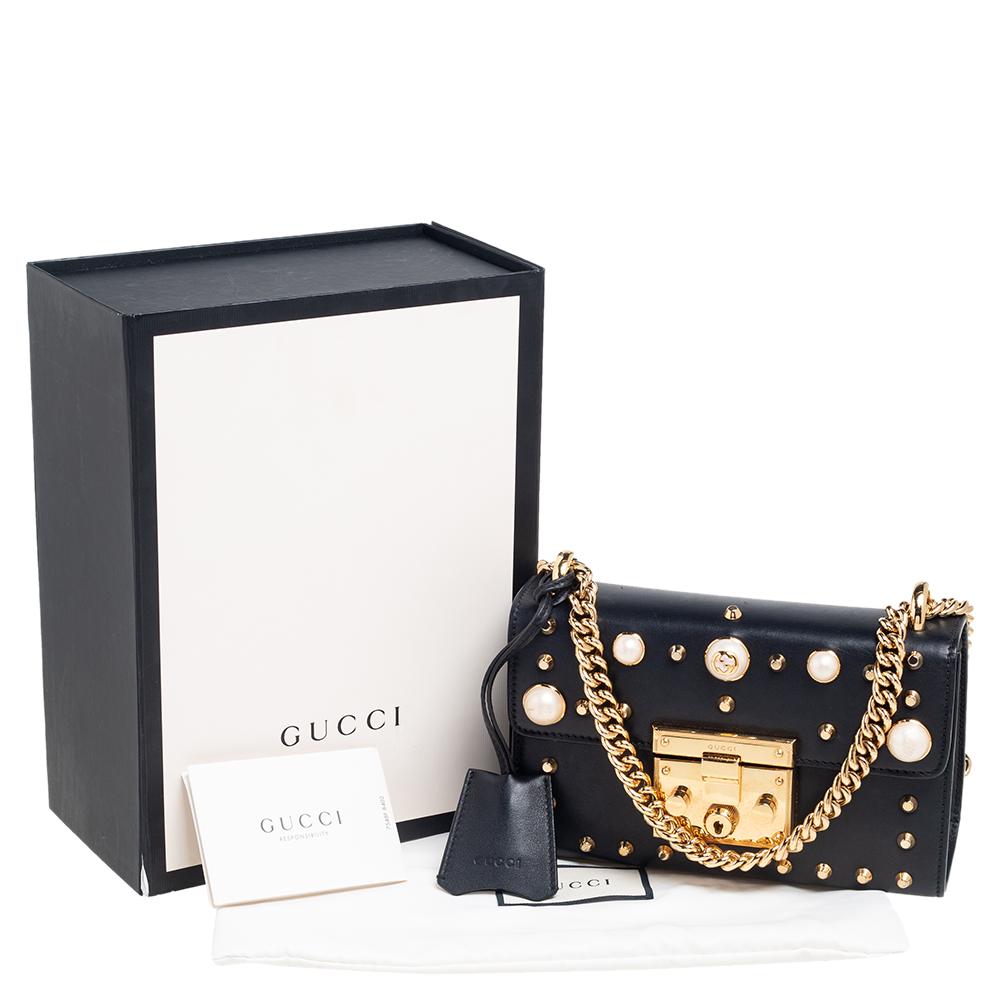 Gucci Black Leather Small Pearl Studded Padlock Shoulder Bag 10