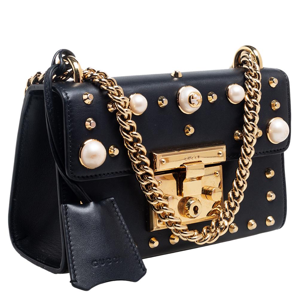Women's Gucci Black Leather Small Pearl Studded Padlock Shoulder Bag