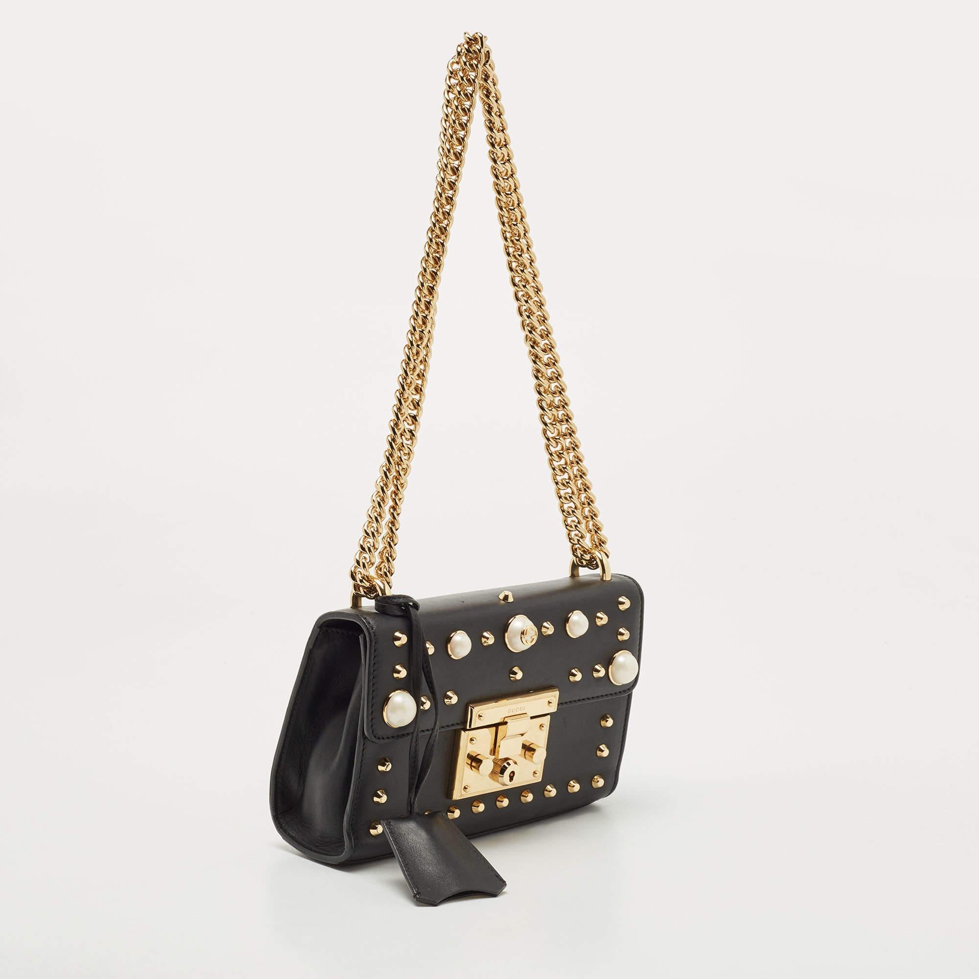 Women's Gucci Black Leather Small Pearl Studded Padlock Shoulder Bag