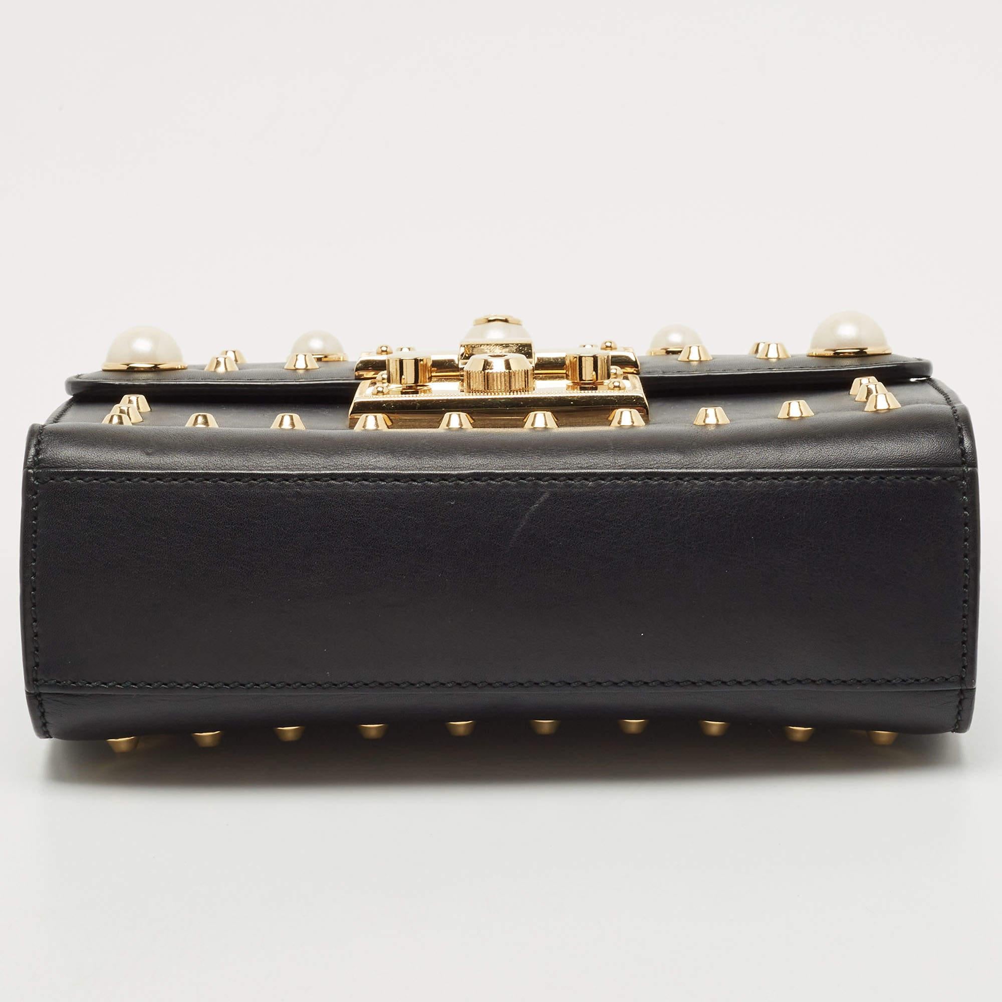 Gucci Black Leather Small Pearl Studded Padlock Shoulder Bag 1
