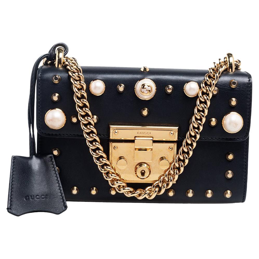 Gucci Black Leather Small Pearl Studded Padlock Shoulder Bag