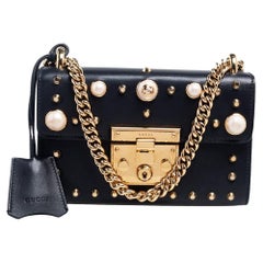 Gucci Black Leather Small Pearl Studded Padlock Shoulder Bag