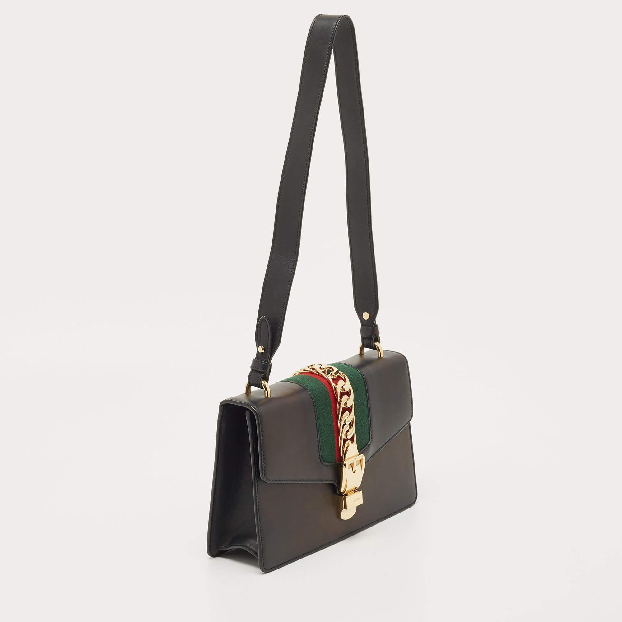Gucci Black Leather Small Sylvie Web Shoulder Bag In Excellent Condition In Dubai, Al Qouz 2