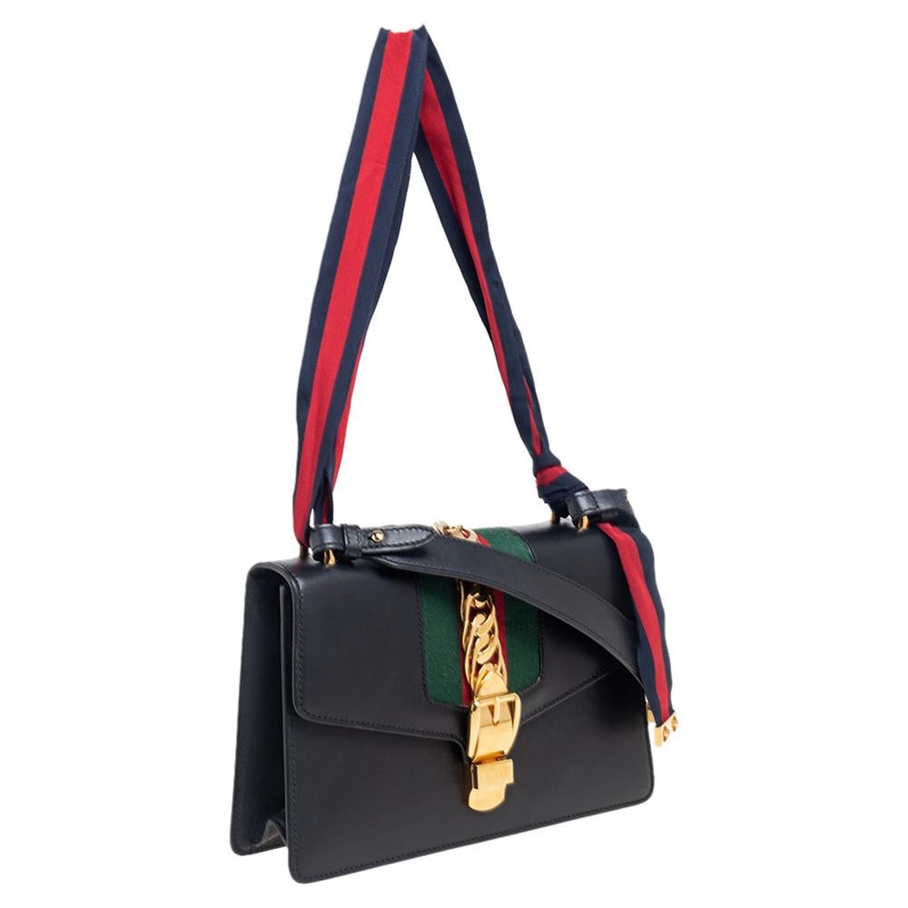 Women's Gucci Black Leather Small Web Chain Sylvie Shoulder Bag