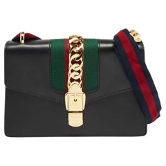 Gucci Black Leather Small Web Sylvie Flap Shoulder Bag