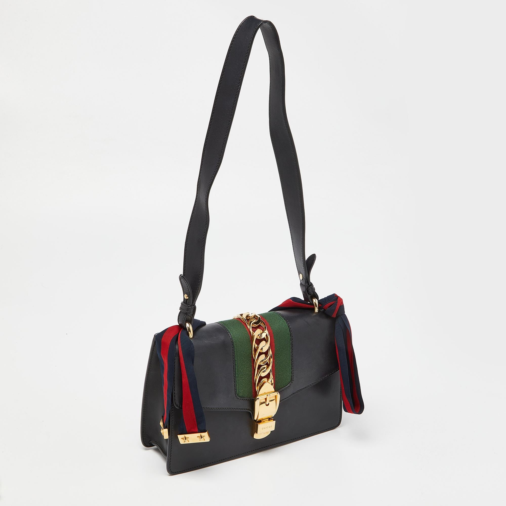 Gucci Black Leather Small Web Sylvie Shoulder Bag For Sale 7