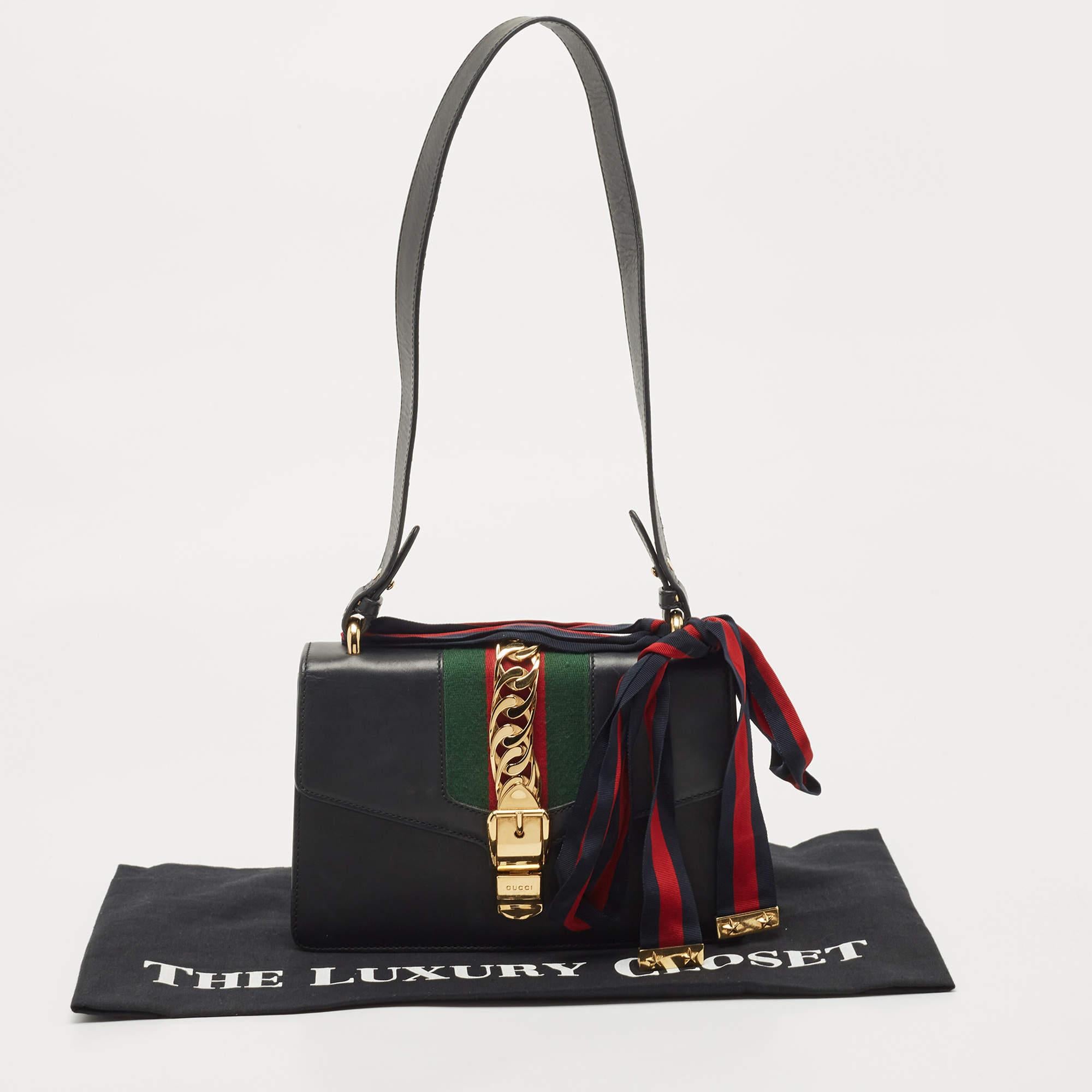 Gucci Black Leather Small Web Sylvie Shoulder Bag For Sale 12