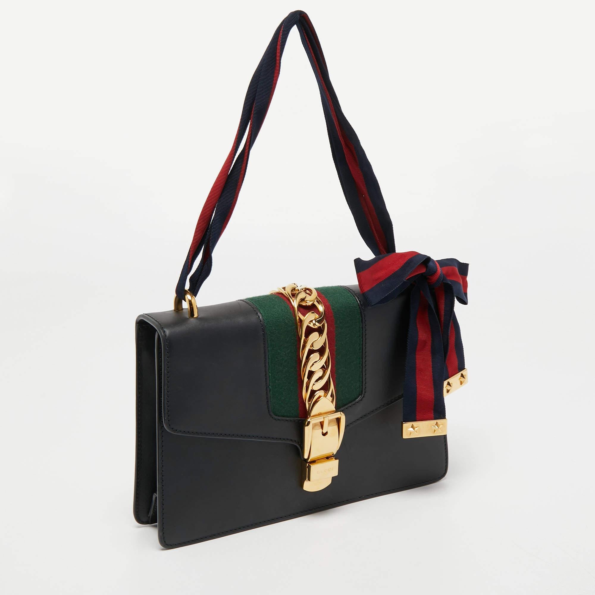 Women's Gucci Black Leather Small Web Sylvie Shoulder Bag