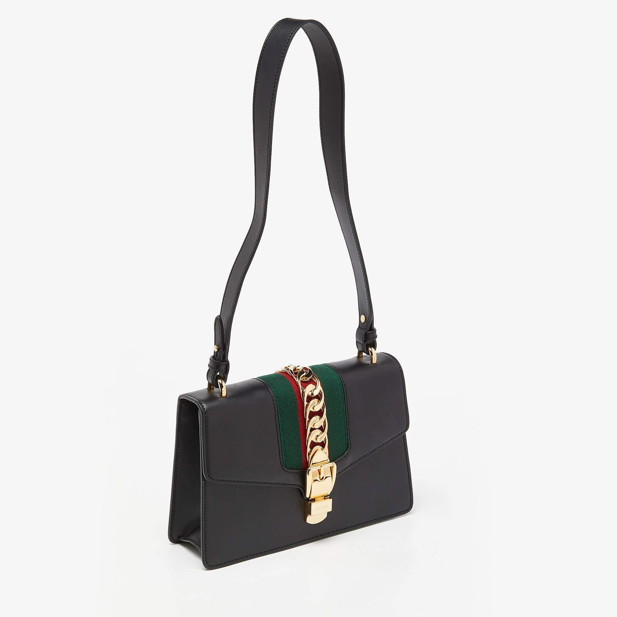 Women's Gucci Black Leather Small Web Sylvie Shoulder Bag