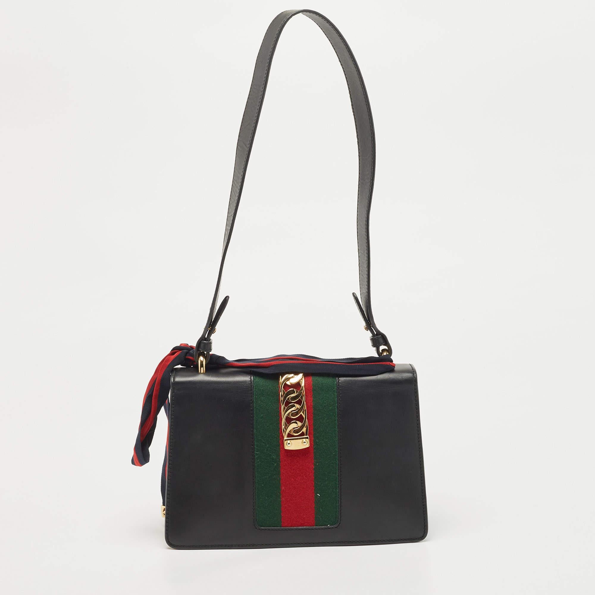 Gucci Black Leather Small Web Sylvie Shoulder Bag For Sale 1