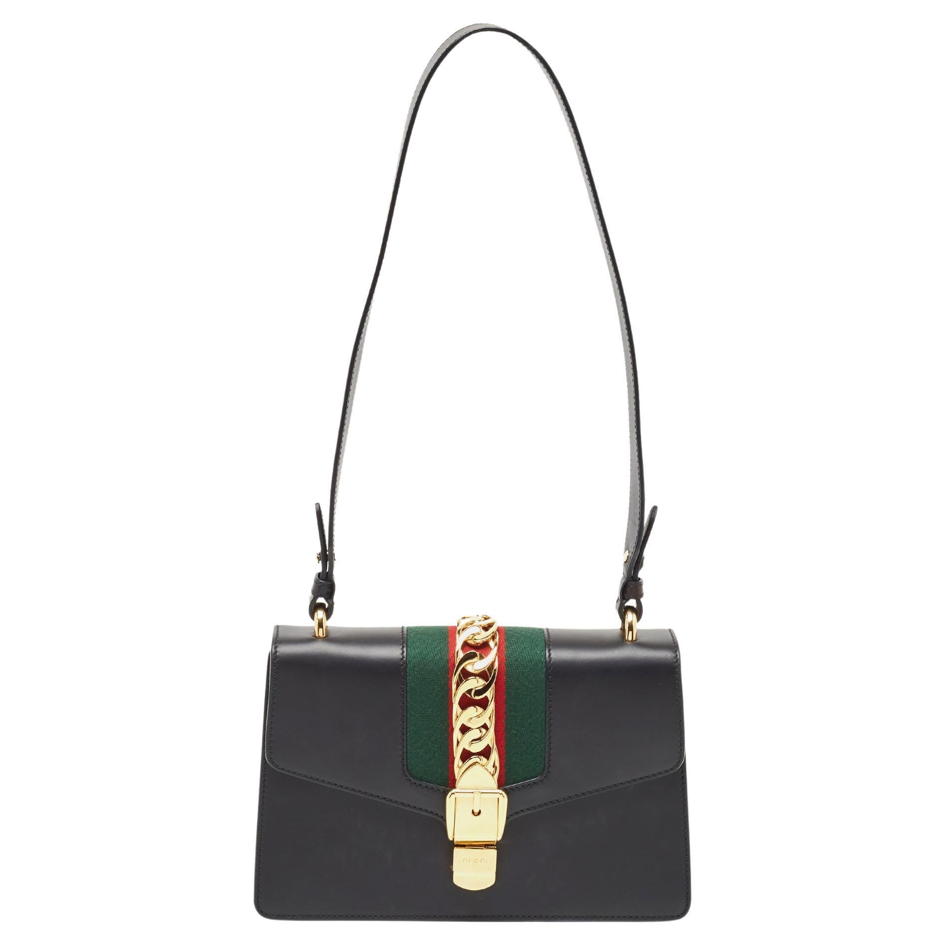 Gucci Black Leather Small Web Sylvie Shoulder Bag For Sale