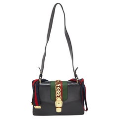 Vintage Gucci Black Leather Small Web Sylvie Shoulder Bag