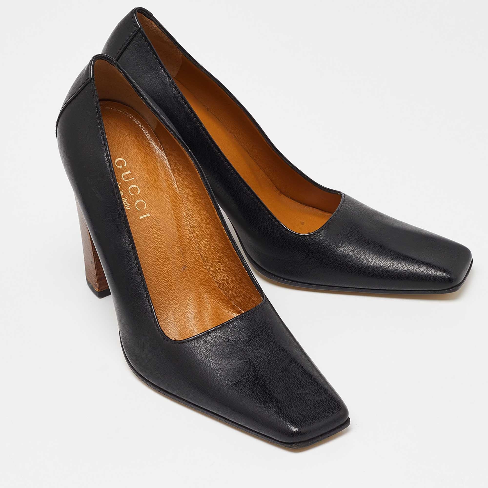 Gucci Schwarze Leder Sqaure Toe Block Heel Pumps mit Absatz aus Leder Größe 38 Damen im Angebot