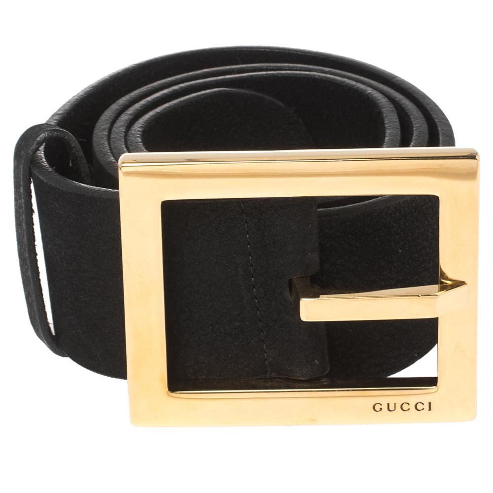 Amp up your attire with this Gucci waist belt. Made from black leather, it comes with a square G-shaped buckle closure in gold-tone metal.

Includes: Original Dustbag