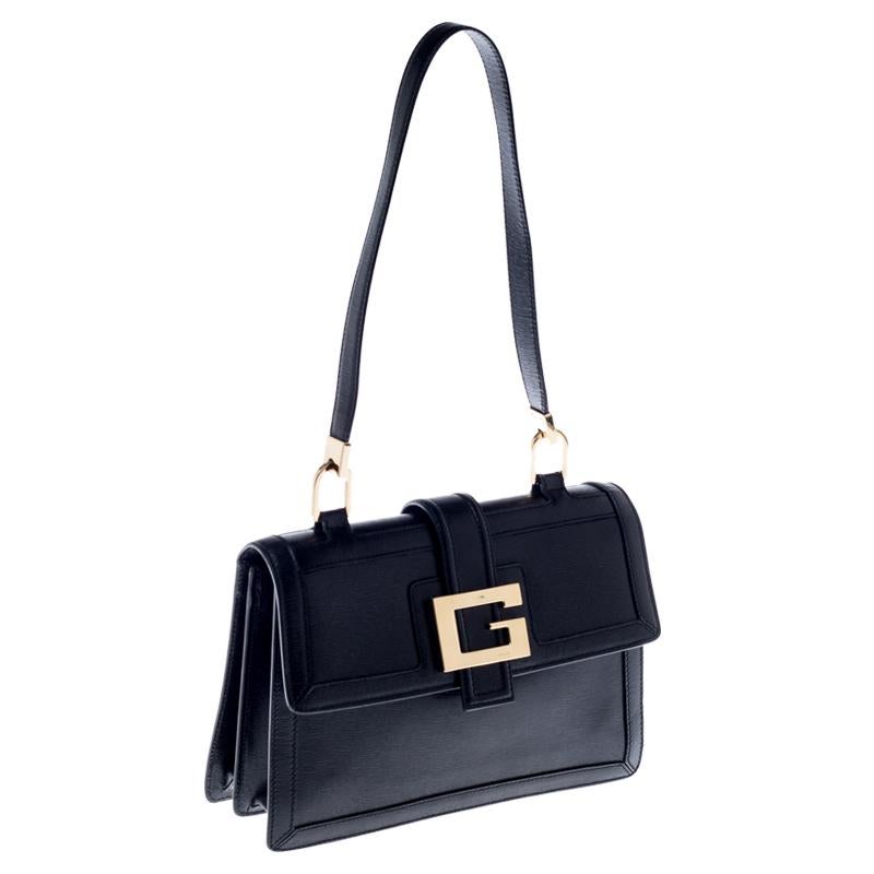 Gucci Schwarzes Leder Square G Flap Umhängetasche Damen
