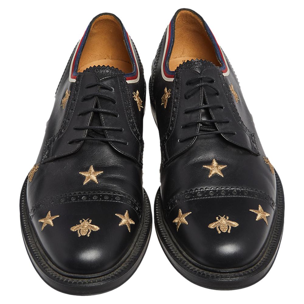 Men's Gucci Black Leather Star Embroidered Lace Up Oxfords Size 45.5