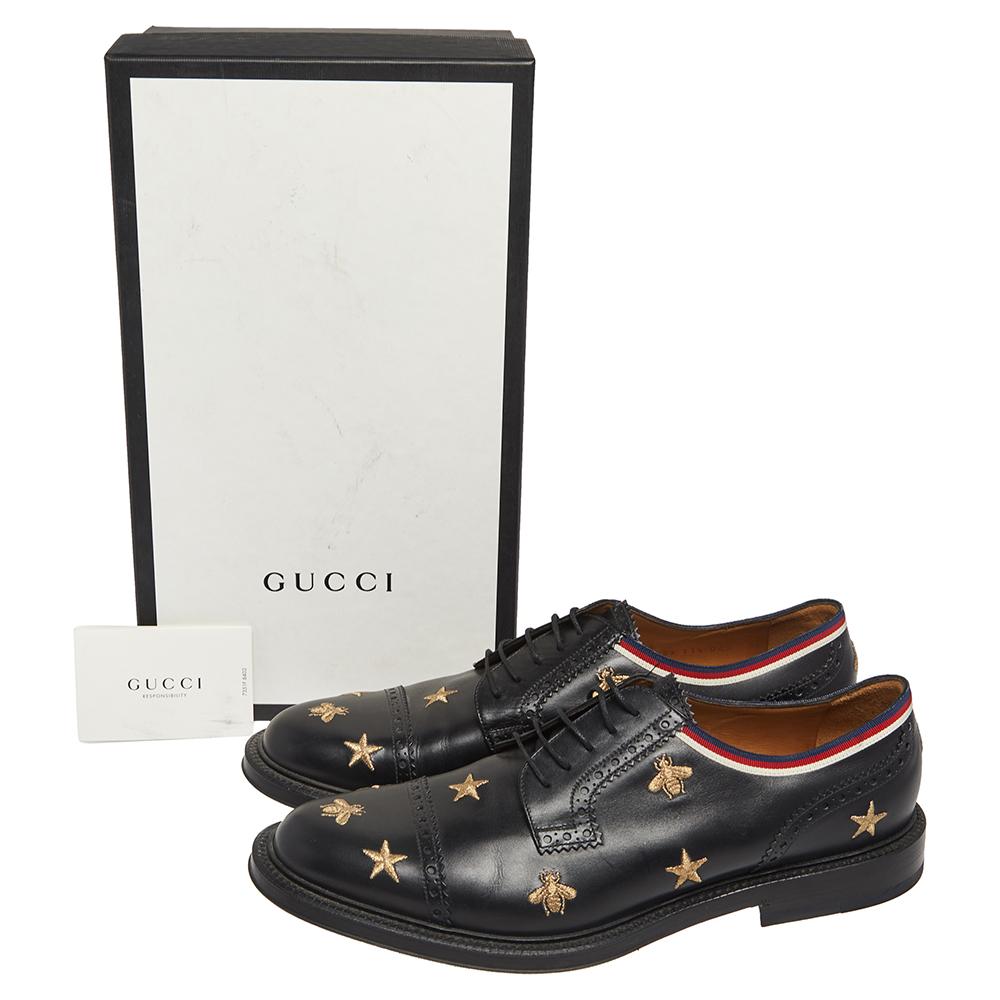 Gucci Black Leather Star Embroidered Lace Up Oxfords Size 45.5 3