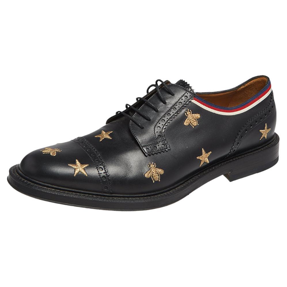 Gucci Black Leather Star Embroidered Lace Up Oxfords Size 45.5
