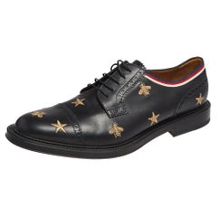 Gucci Black Leather Star Embroidered Lace Up Oxfords Size 45.5