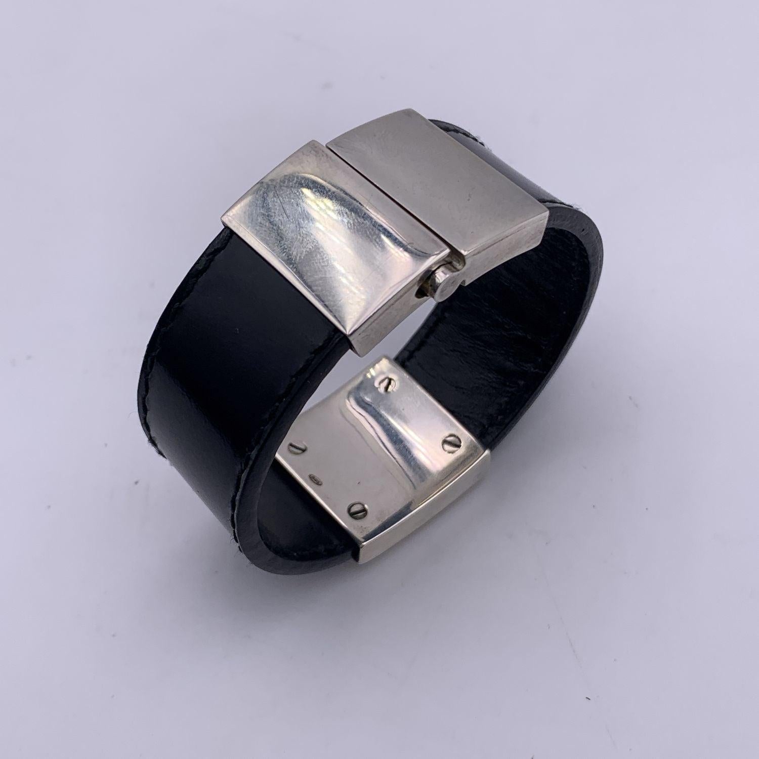 Gucci Black Leather Sterling Silver 925 Bangle Cuff Bracelet 1