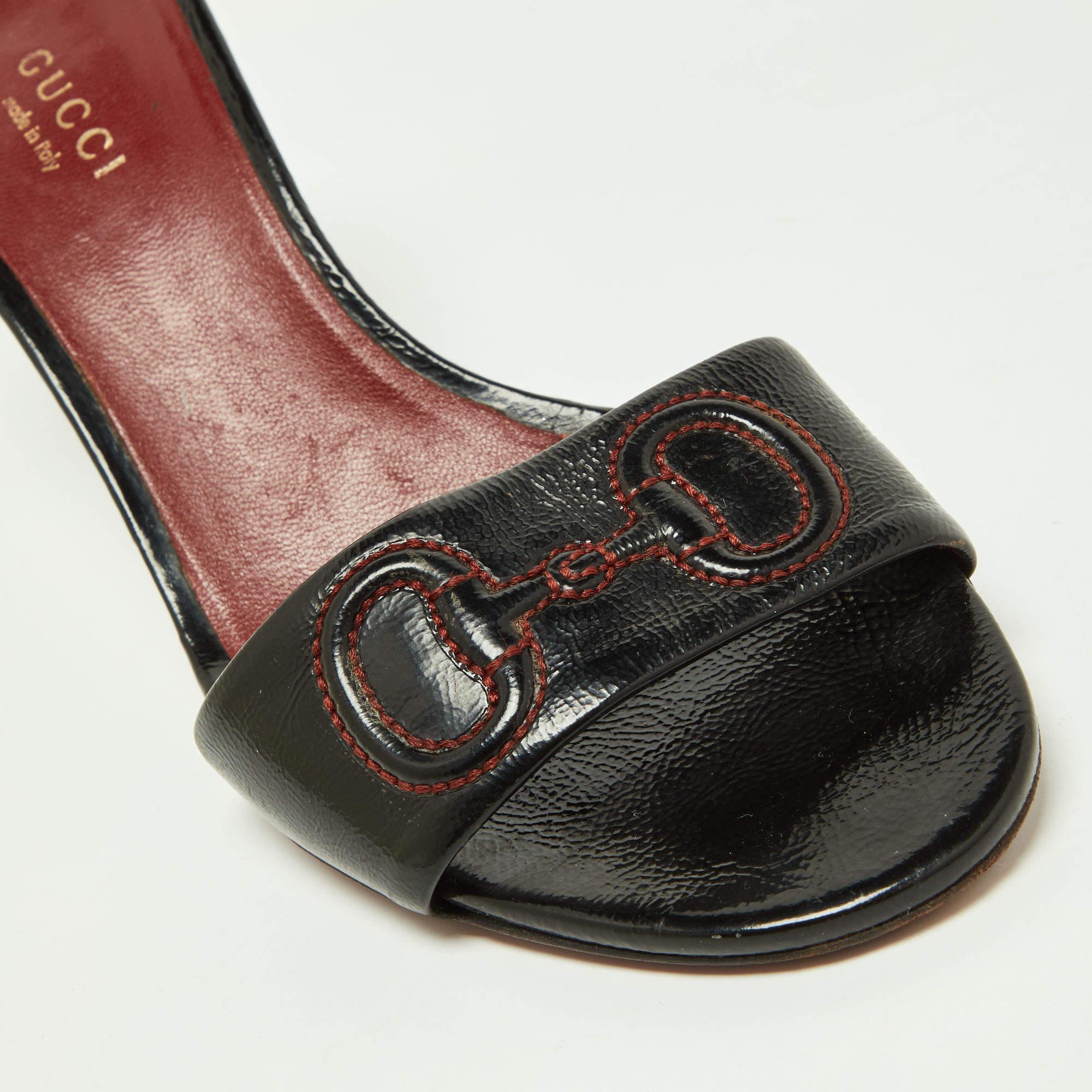 Gucci Black Leather Stitched Horsebit Slide Sandals Size 36 For Sale 2