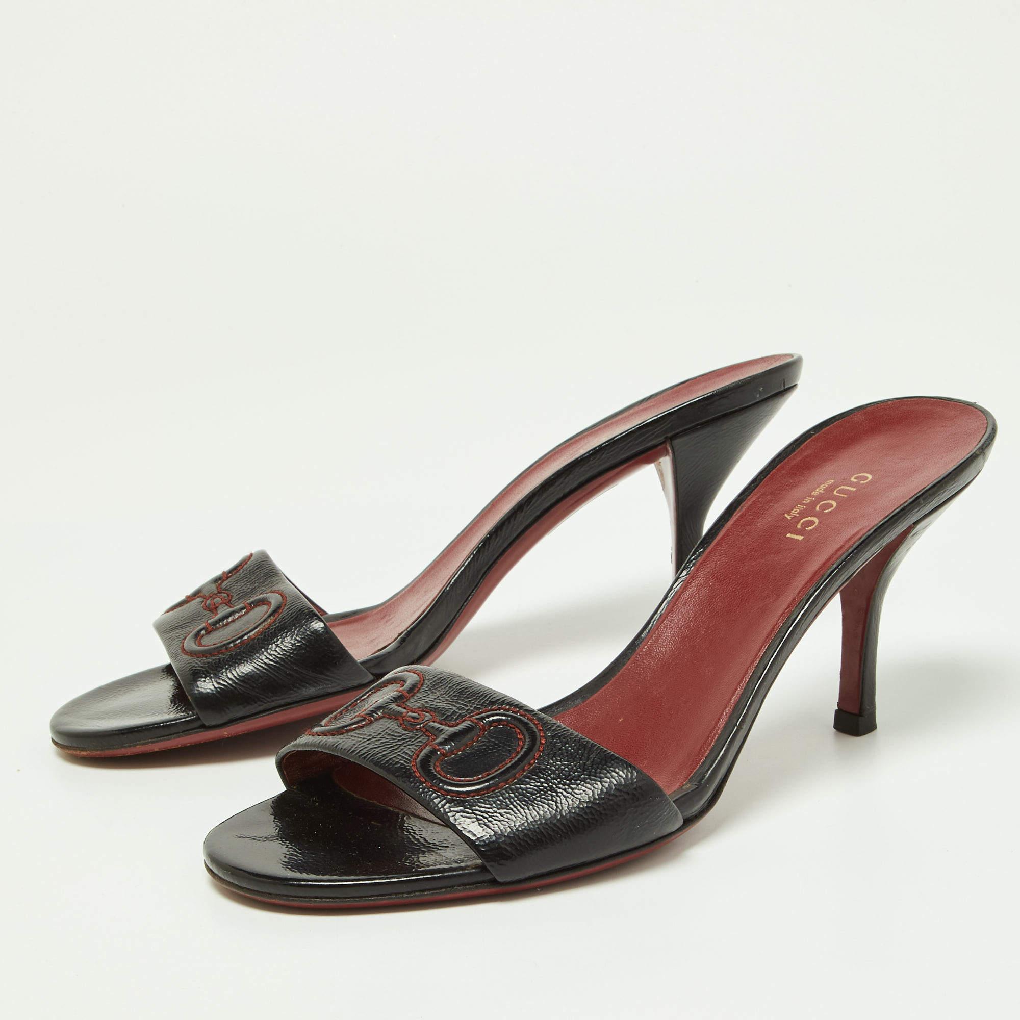 Gucci Black Leather Stitched Horsebit Slide Sandals Size 36 For Sale 3