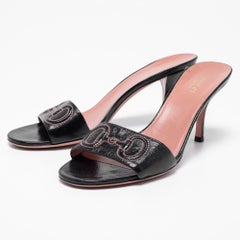 Gucci Black Leather Stitched Horsebit Slide Sandals Size 38.5
