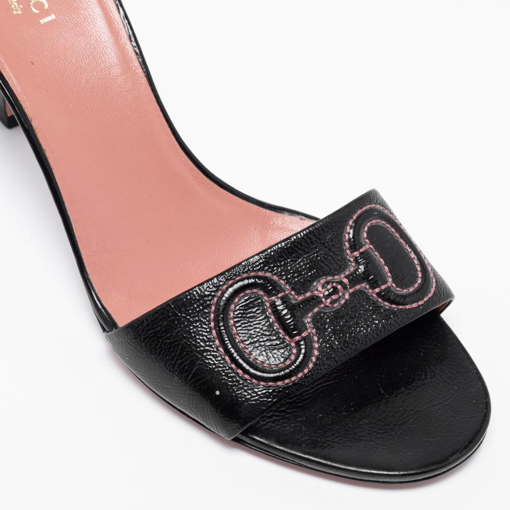 Beige Gucci Black Leather Stitched Horsebit Slide Sandals Size 38.5