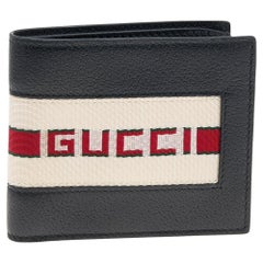 Gucci Black Leather Stripe Logo Bifold Wallet