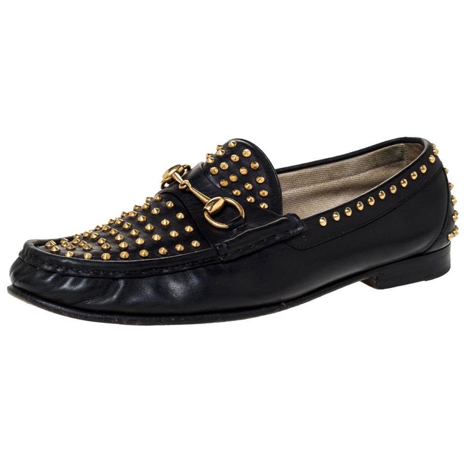 Gucci Black Leather Studded 1953 Horsebit Loafers Size 43