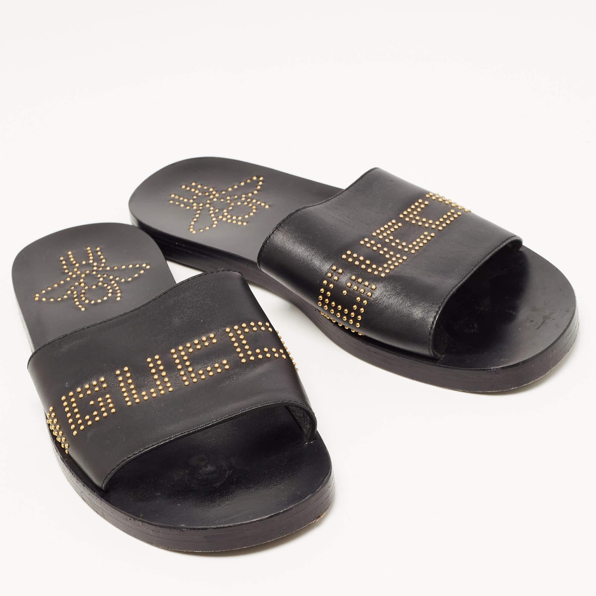 Men's Gucci Black Leather Studded Bee Logo Slides Size 43