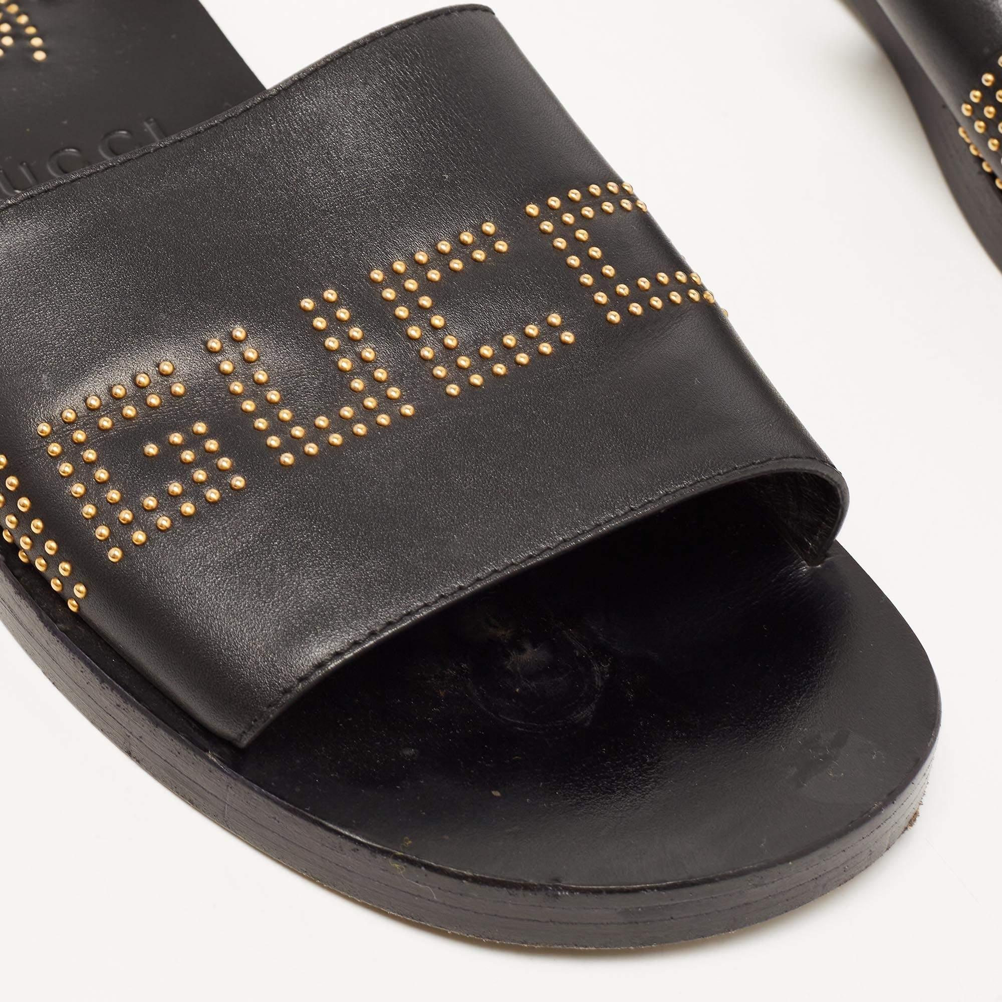 Gucci Black Leather Studded Bee Logo Slides Size 43 1